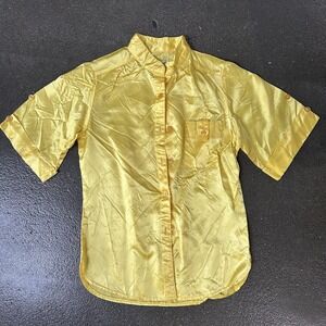 Vintage DiJon Shirt Womens 14 Yellow Satin Acetate Button Short Sleeve Top